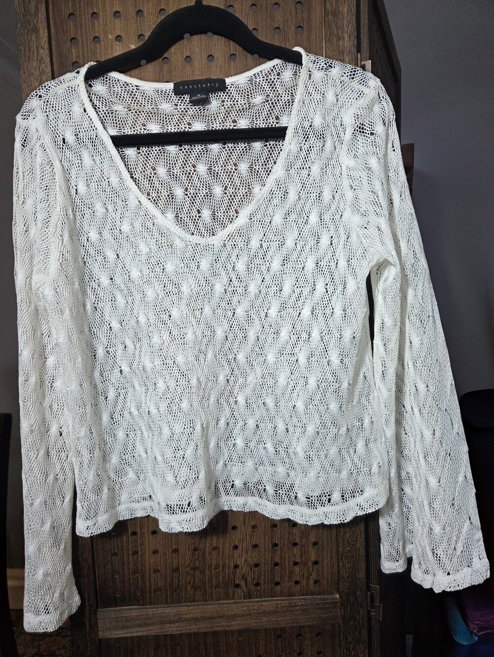 NEW white Sanctuary sweater features a delicate crochet open-weave